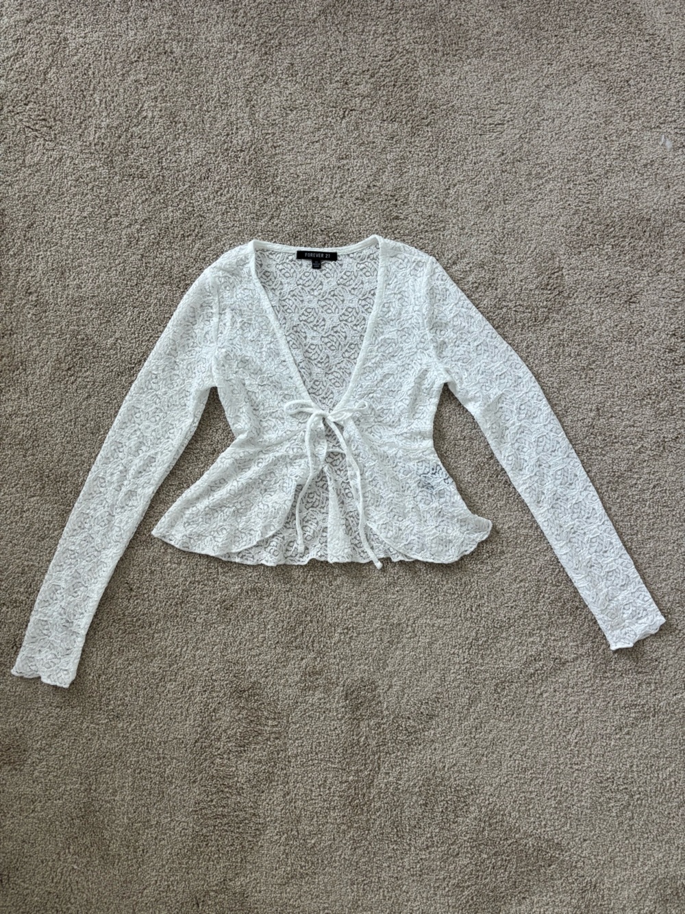 Forever 21 White Lace Tie-Front Long Sleeve Top
